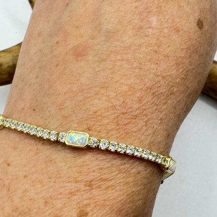 Vintage Gold Tennis Bracelet | Blue Fire Opal Gemstone Cubic Zirconia Crystal Diamond Gold 4 Prong Setting in Golden 925 Sterling Silver