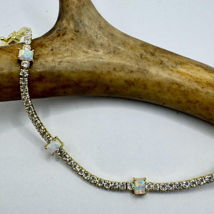 Vintage Gold Tennis Bracelet | White Fire Opal Gemstone Cubic Zirconia Crystal Diamond Gold 3 Prong Setting in Golden 925 Sterling Silver