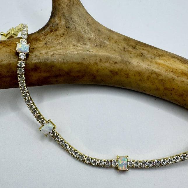 Vintage Gold Tennis Bracelet | White Fire Opal Gemstone Cubic Zirconia Gold 3 Prong Setting in Golden 925 Sterling Silver-Bracelets-TomWayne Jewelers