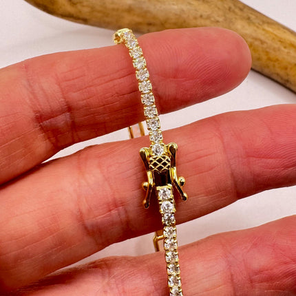 Vintage Gold Tennis Bracelet | White Fire Opal Gemstone Cubic Zirconia Crystal Diamond Gold 3 Prong Setting in Golden 925 Sterling Silver