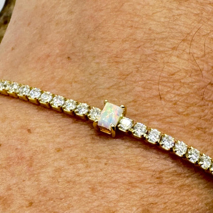 Vintage Gold Tennis Bracelet | White Fire Opal Gemstone Cubic Zirconia Crystal Diamond Gold 3 Prong Setting in Golden 925 Sterling Silver