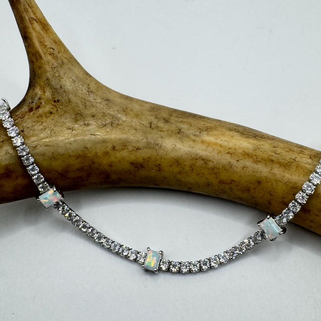 Vintage Silver Tennis Bracelet | White Fire Opal Gemstone CZ Crystal Diamond Birthstone Bracelet | 925 Sterling Silver