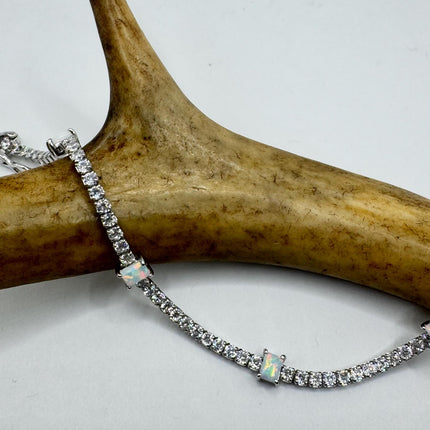 Vintage Silver Tennis Bracelet | White Fire Opal Gemstone CZ Crystal Diamond Birthstone Bracelet | 925 Sterling Silver