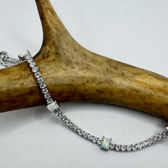 Vintage Fire Opal Tennis Bracelet | White CZ Crystals | 925 Sterling Silver-Bracelets-TomWayne Jewelers