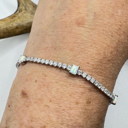Vintage Silver Tennis Bracelet | White Fire Opal Gemstone CZ Crystal Diamond Birthstone Bracelet | 925 Sterling Silver