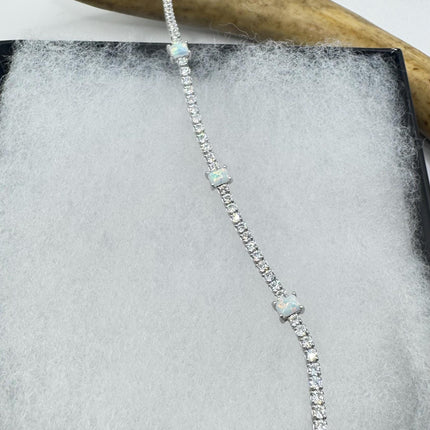 Vintage Silver Tennis Bracelet | White Fire Opal Gemstone CZ Crystal Diamond Birthstone Bracelet | 925 Sterling Silver