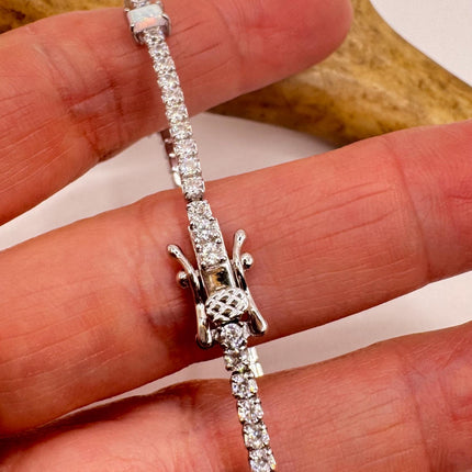 Vintage Silver Tennis Bracelet | White Fire Opal Gemstone CZ Crystal Diamond Birthstone Bracelet | 925 Sterling Silver
