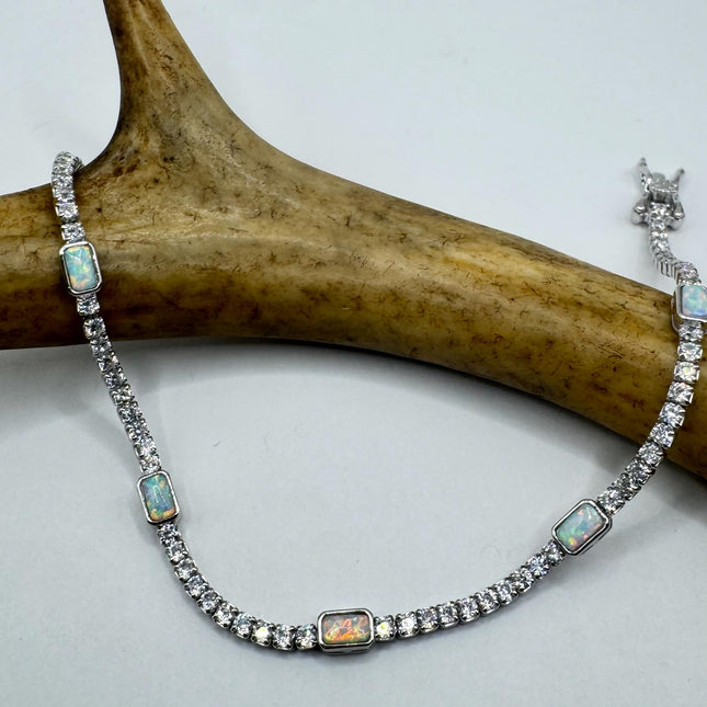 Vintage Fire Opal Silver Tennis Bracelet Gemstone CZ Crystal Diamond Birthstone 925 Sterling Silver