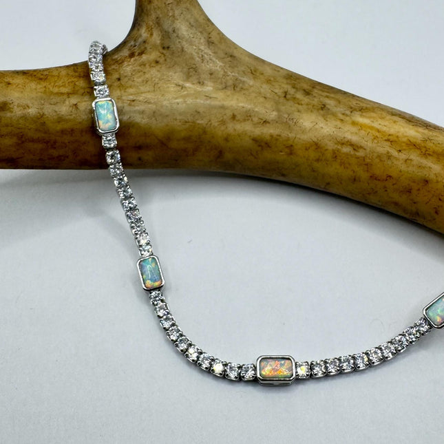 Vintage Fire Opal Silver Tennis Bracelet Gemstone CZ Crystal Diamond Birthstone 925 Sterling Silver