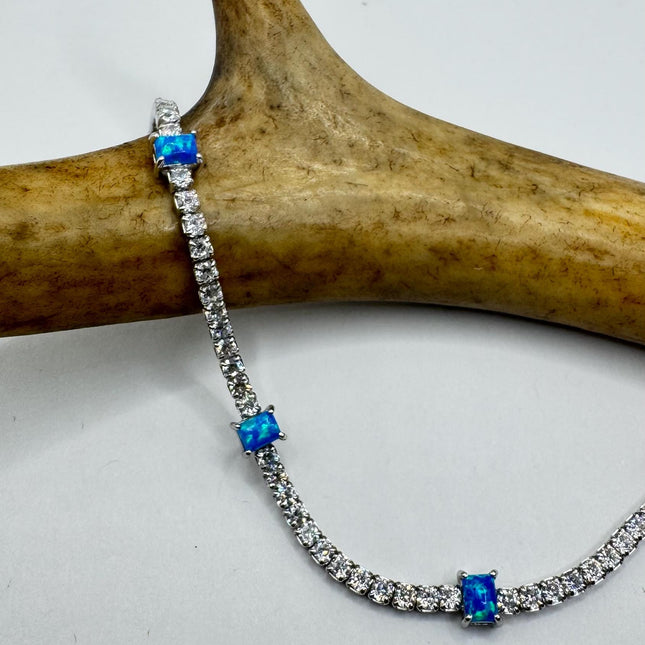 Vintage Fire Opal Silver Tennis Bracelet Gemstone CZ Crystal Diamond Birthstone 925 Sterling Silver