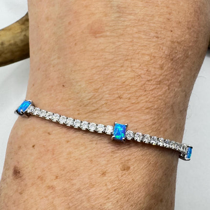 Vintage Fire Opal Silver Tennis Bracelet Gemstone CZ Crystal Diamond Birthstone 925 Sterling Silver