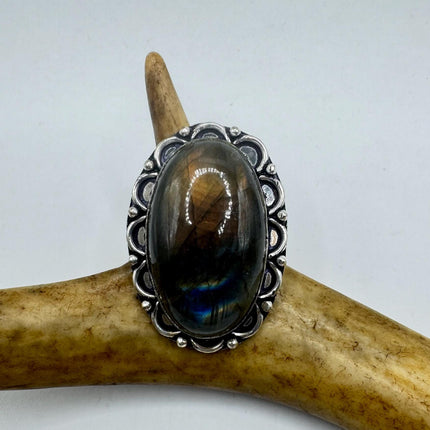 Vintage Chunky Rainbow Labradorite Cocktail Ring - Statement Band