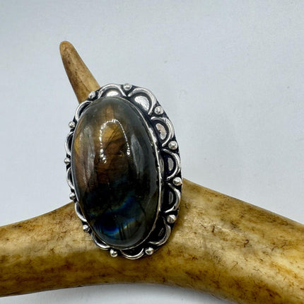 Vintage Chunky Rainbow Labradorite Cocktail Ring - Statement Band