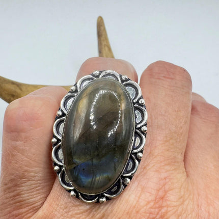 Vintage Chunky Rainbow Labradorite Cocktail Ring - Statement Band