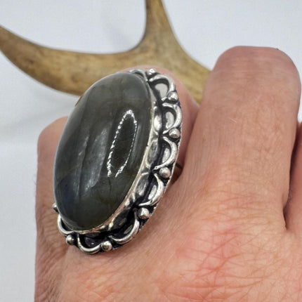 Vintage Chunky Rainbow Labradorite Cocktail Ring - Statement Band