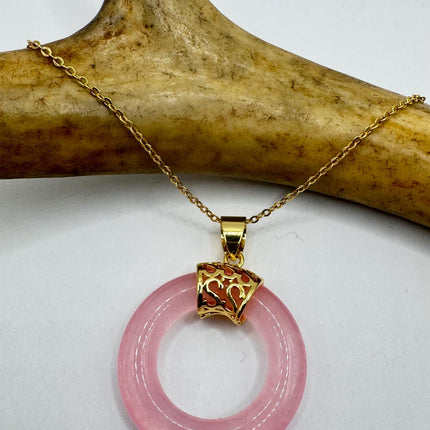 Vintage Pink Rose Quartz Boho Gold Filled Necklace - Layered stacking every day necklace