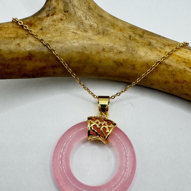 Vintage Pink Rose Quartz Boho Gold Filled Necklace - Layered stacking every day necklace