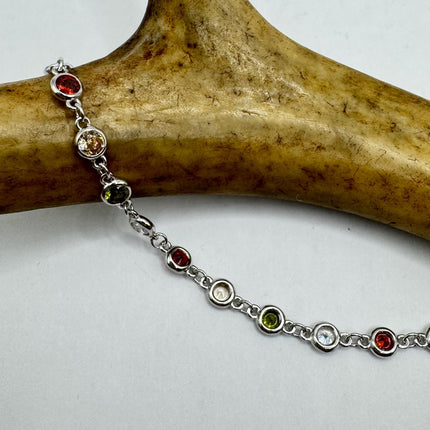 Vintage Silver Tennis Bracelet CZ Crystal Rainbow 925 Sterling Silver Layered Stacking Bracelet