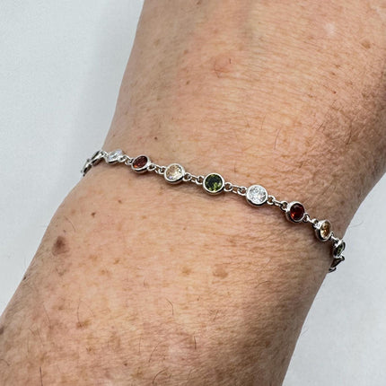 Vintage Silver Tennis Bracelet CZ Crystal Rainbow 925 Sterling Silver Layered Stacking Bracelet