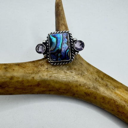 Vintage Abalone Purple Amethyst Statement Ring in White Bronze Setting - Handmade | Chunky statement ring