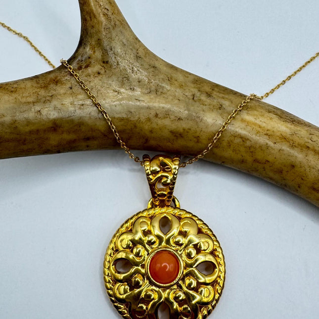 Vintage Pink Coral Gold Pendant 925 Sterling Silver Chain Necklace