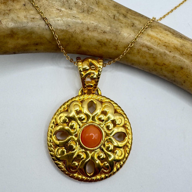 Vintage Pink Coral Gold Pendant 925 Sterling Silver Chain Necklace