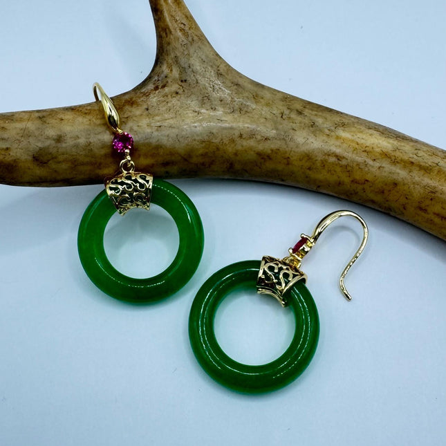 Vintage Gold Jade Large Hoop Earrings
