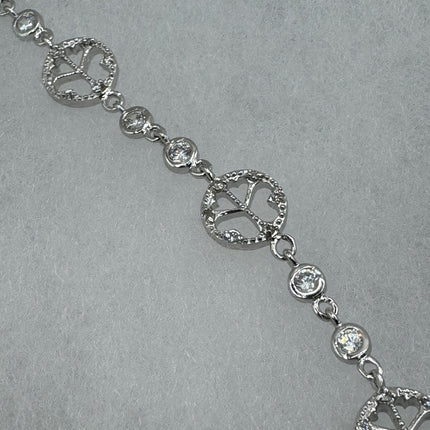 Vintage Silver Tennis Bracelet | Cubic Zirconia Crystal Diamond Gemstone Peace Signs | 925 Sterling Silver Dainty Stackable Tennis Bracelet