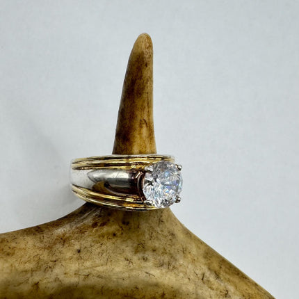 Vintage Cubic Zirconia Clear Crystal Diamond Cocktail | Gold 925 Sterling Silver Antique Wedding Promise Band Engagement Ring