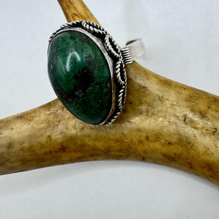 Vintage Silver Adjustable Ring | Green Stone of Eilat Boho Cocktail | 925 Sterling Silver Antique Wedding Band Engagement Ring