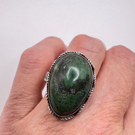 Vintage Silver Adjustable Ring | Green Stone of Eilat Boho Cocktail | 925 Sterling Silver Antique Wedding Band Engagement Ring