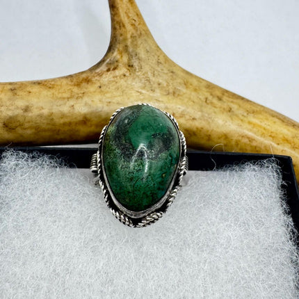 Vintage Silver Adjustable Ring | Green Stone of Eilat Boho Cocktail | 925 Sterling Silver Antique Wedding Band Engagement Ring