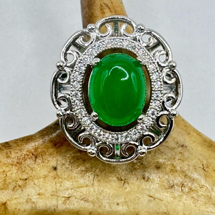 Vintage Silver Green Jade Lucky Cocktail Ring - Silver Bronze Setting Green Jade Gemstone - promise engagement ring Adjustable size