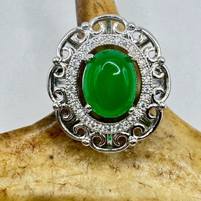 Vintage Silver Green Jade Lucky Cocktail Ring - Silver Bronze Setting Green Jade Gemstone - promise engagement ring Adjustable size
