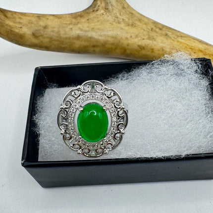 Vintage Silver Green Jade Lucky Cocktail Ring - Silver Bronze Setting Green Jade Gemstone - promise engagement ring Adjustable size