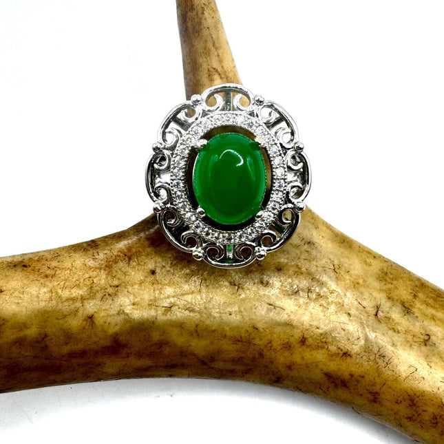 Vintage Silver Green Jade Lucky Cocktail Ring - Silver Bronze Setting Green Jade Gemstone - promise engagement ring Adjustable size