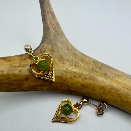 Vintage Green Jade Hearts Gold Tiny Dangle Earrings | Green Jade Crystal Birthstone | 12k Gold Filled Earrings