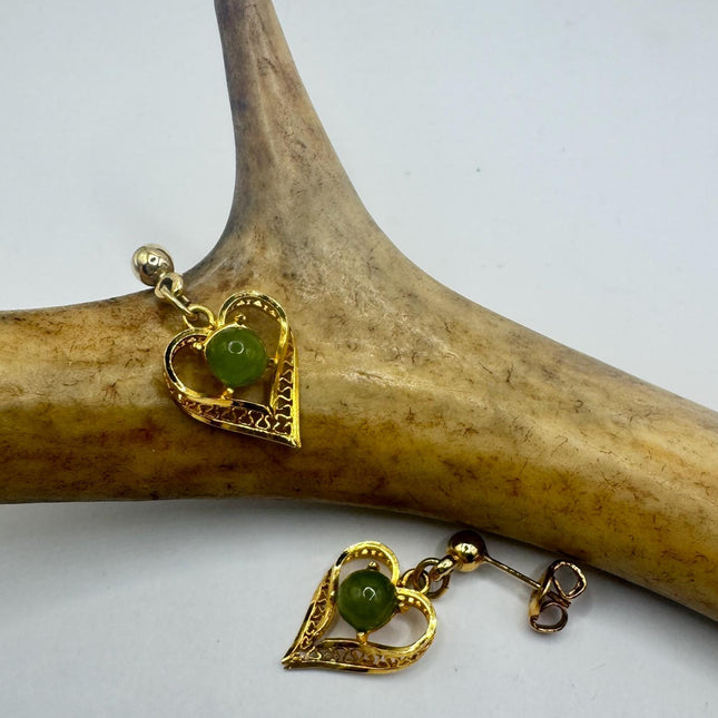 Vintage Green Jade Hearts Gold Tiny Dangle Earrings | Green Jade Crystal Birthstone | 12k Gold Filled Earrings