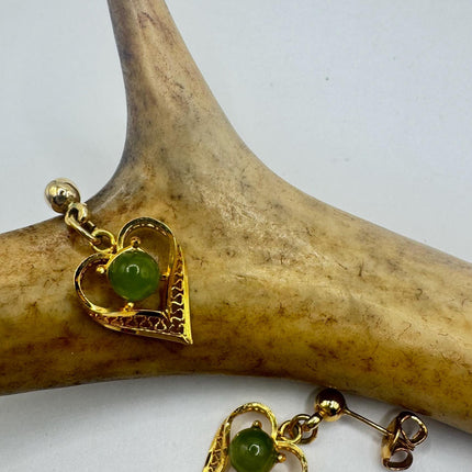 Vintage Green Jade Hearts Gold Tiny Dangle Earrings | Green Jade Crystal Birthstone | 12k Gold Filled Earrings