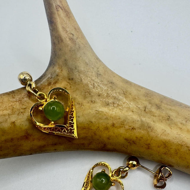Vintage Green Jade Hearts Gold Tiny Dangle Earrings | Green Jade Crystal Birthstone | 12k Gold Filled Earrings