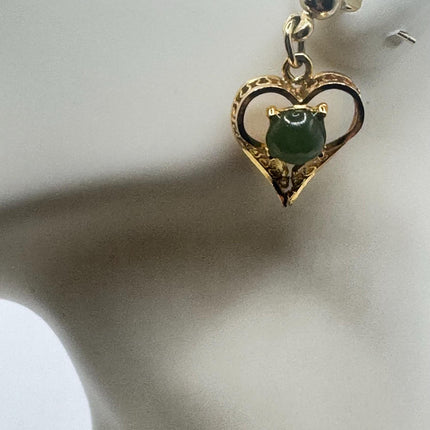 Vintage Green Jade Hearts Gold Tiny Dangle Earrings | Green Jade Crystal Birthstone | 12k Gold Filled Earrings