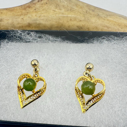 Vintage Green Jade Hearts Gold Tiny Dangle Earrings | Green Jade Crystal Birthstone | 12k Gold Filled Earrings