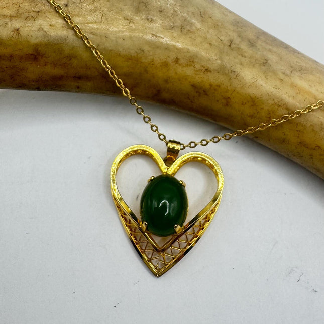 Vintage Green Jade Hearts 12k Gold Filled Necklace - Lucky Every day Green Jade