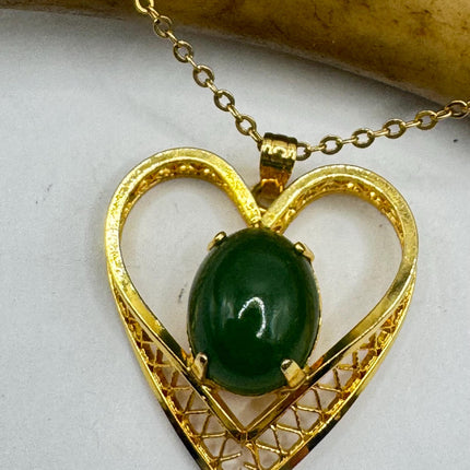 Vintage Green Jade Hearts 12k Gold Filled Necklace - Lucky Every day Green Jade