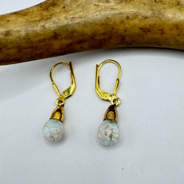 Vintage Opal Earrings | White Fire Floating Opal lever back dangle Gold Filled