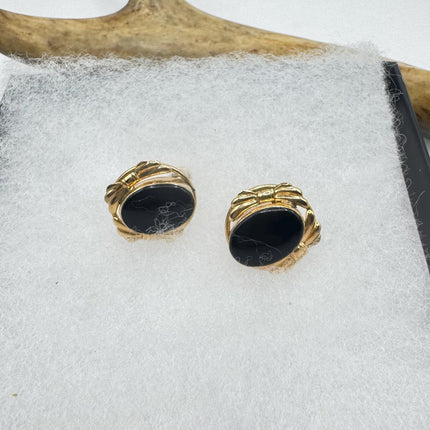 Vintage Black Onyx Gold Screw Back Clip-On Earrings 12k GF Delicate Gold Clip On Earrings