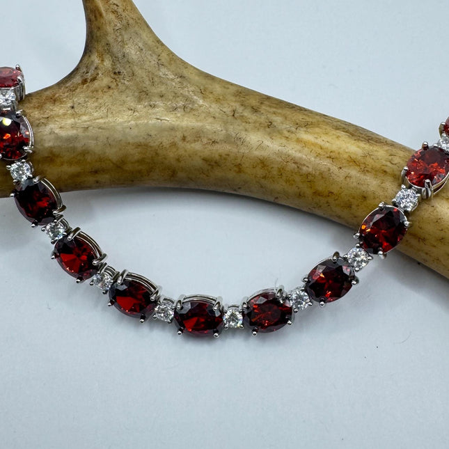 Vintage Silver Tennis Bracelet | Red Garnet Crystal Diamond Cubic Zirconia | 925 Sterling Silver Dainty Deco Minimal layered Stacking