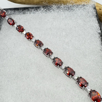 Vintage Silver Tennis Bracelet | Red Garnet Crystal Diamond Cubic Zirconia | 925 Sterling Silver Dainty Deco Minimal layered Stacking