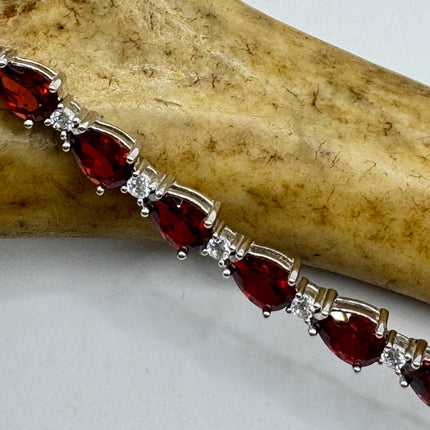 Vintage Silver Tennis Bracelet | Red Garnet Crystal Diamond Cubic Zirconia | 925 Sterling Silver Dainty Deco Minimal layered Stacking