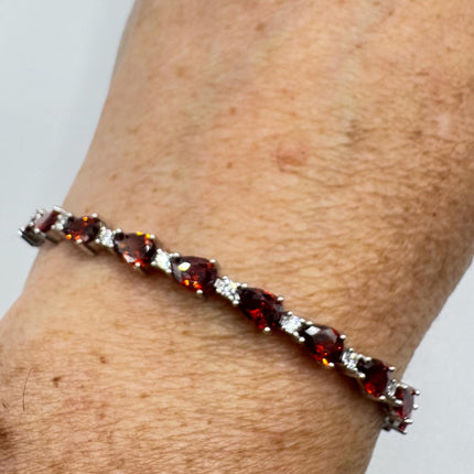 Vintage Silver Tennis Bracelet | Red Garnet Crystal Diamond Cubic Zirconia | 925 Sterling Silver Dainty Deco Minimal layered Stacking